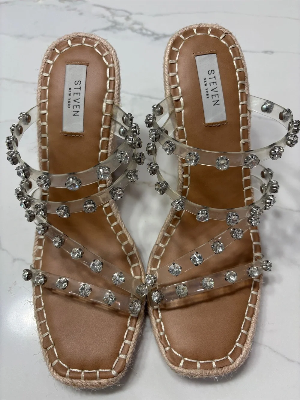 Steven Jeweled Clear Espadrille Wedge - Nude/Clear